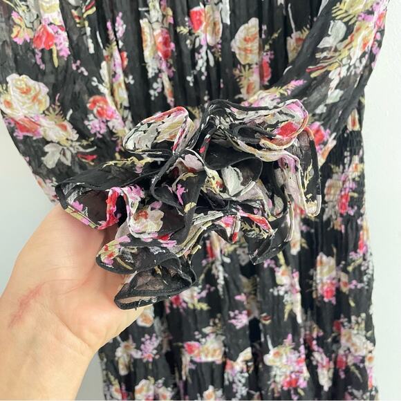 Rebecca Taylor | Women’s Black Floral Smock Dress Silk Ruffles Mock-Neck Flowy M - Picture 5 of 13